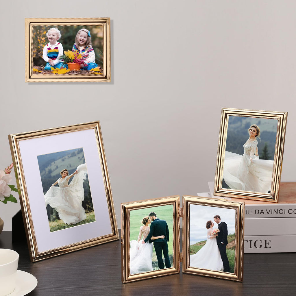 Classic Gold Plated 4x6'' Double Picture Frame, Metal Beaded Design, Real Glass Front and Premium Soft Velvet