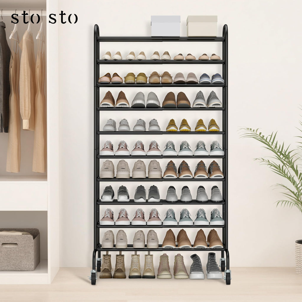 10-Tier Expandable Tall Shoe Rack for Garage, 44 Pairs, Black