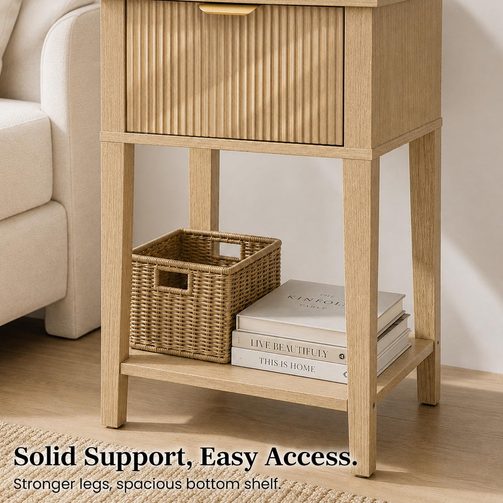 Natural Oak 15.4" Wide Small Nightstand with Drawer, Open Shelf, Fluted