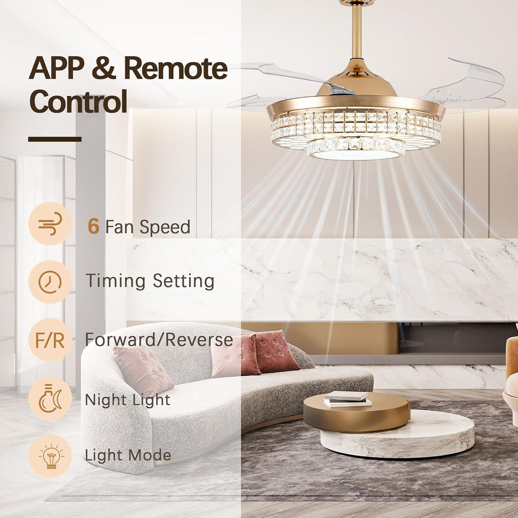 42" Retractable Ceiling Fans with Lights, Crystal Chandelier Ceiling Fan with Remote & APP Control, Modern Dimmable
