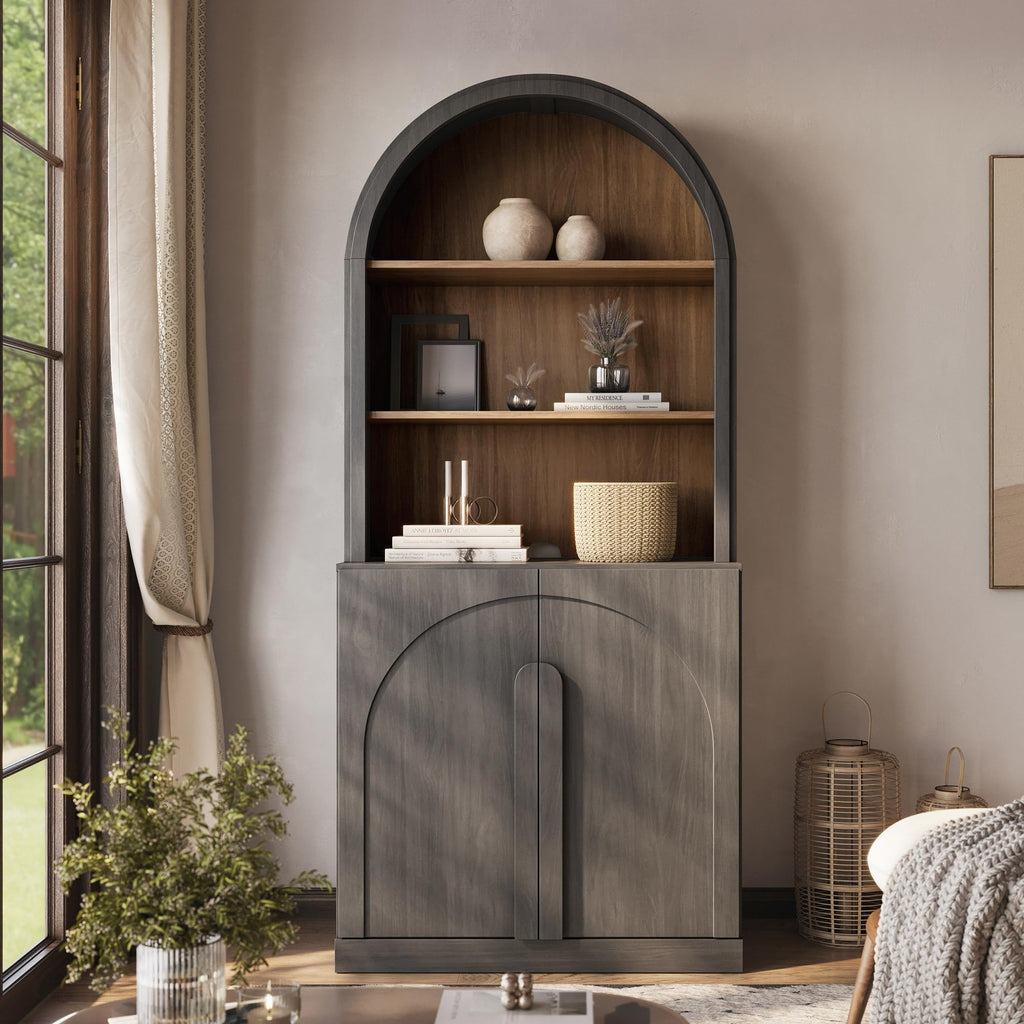 Arched Bookshelf with Adjustable Shelf, 71" Tall Curio Display Cabinet with Wood Door, 5 Tier Modern Bookcase Shelf