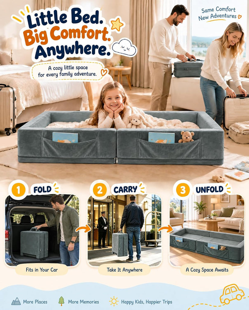 Toddler Portable Travel Bed - Foldable & Washable Floor Bed, Grey
