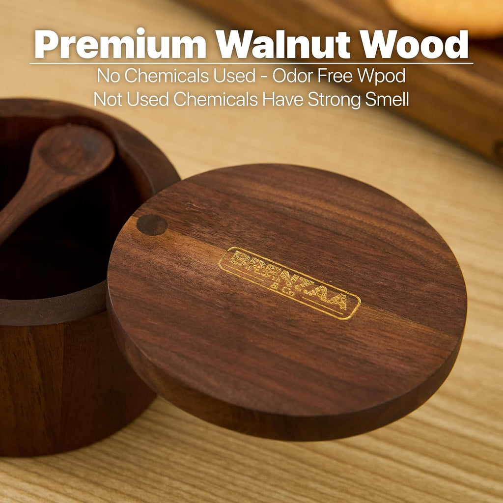 Natural Wood Salt Cellar Salt Box with Magnetic Lid & Spoon, 6 Oz
