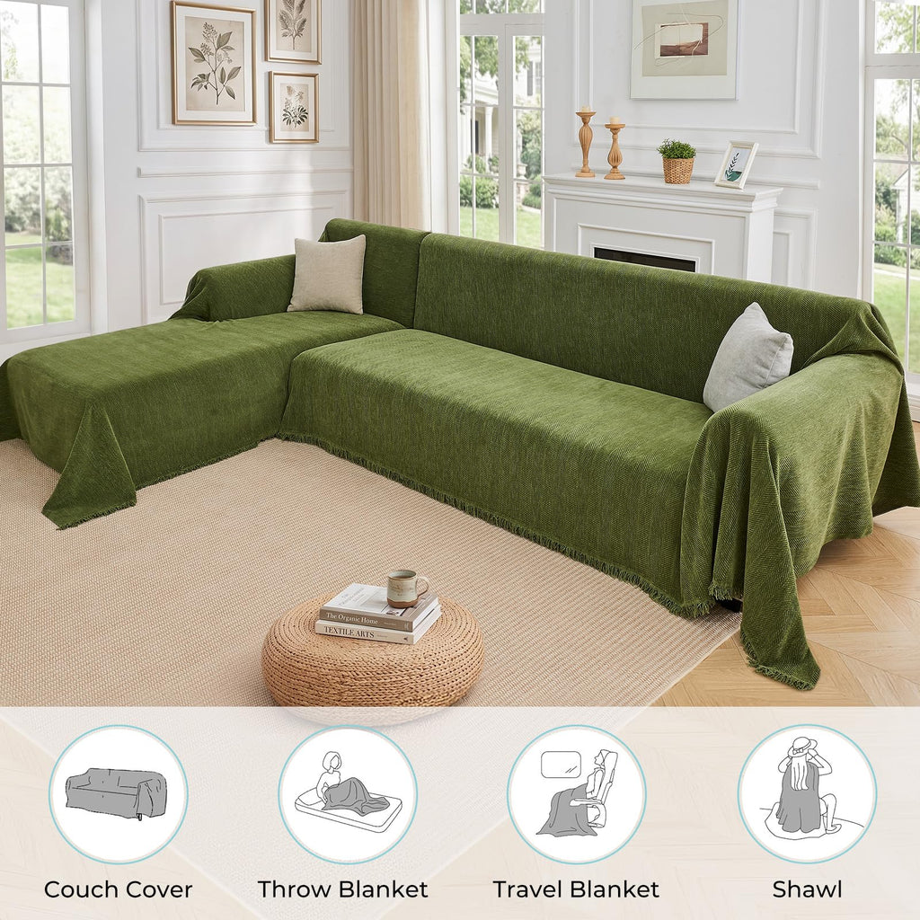 Herringbone L Shaped Couch Cover for Sectional Sofa, 2 Pcs, Green