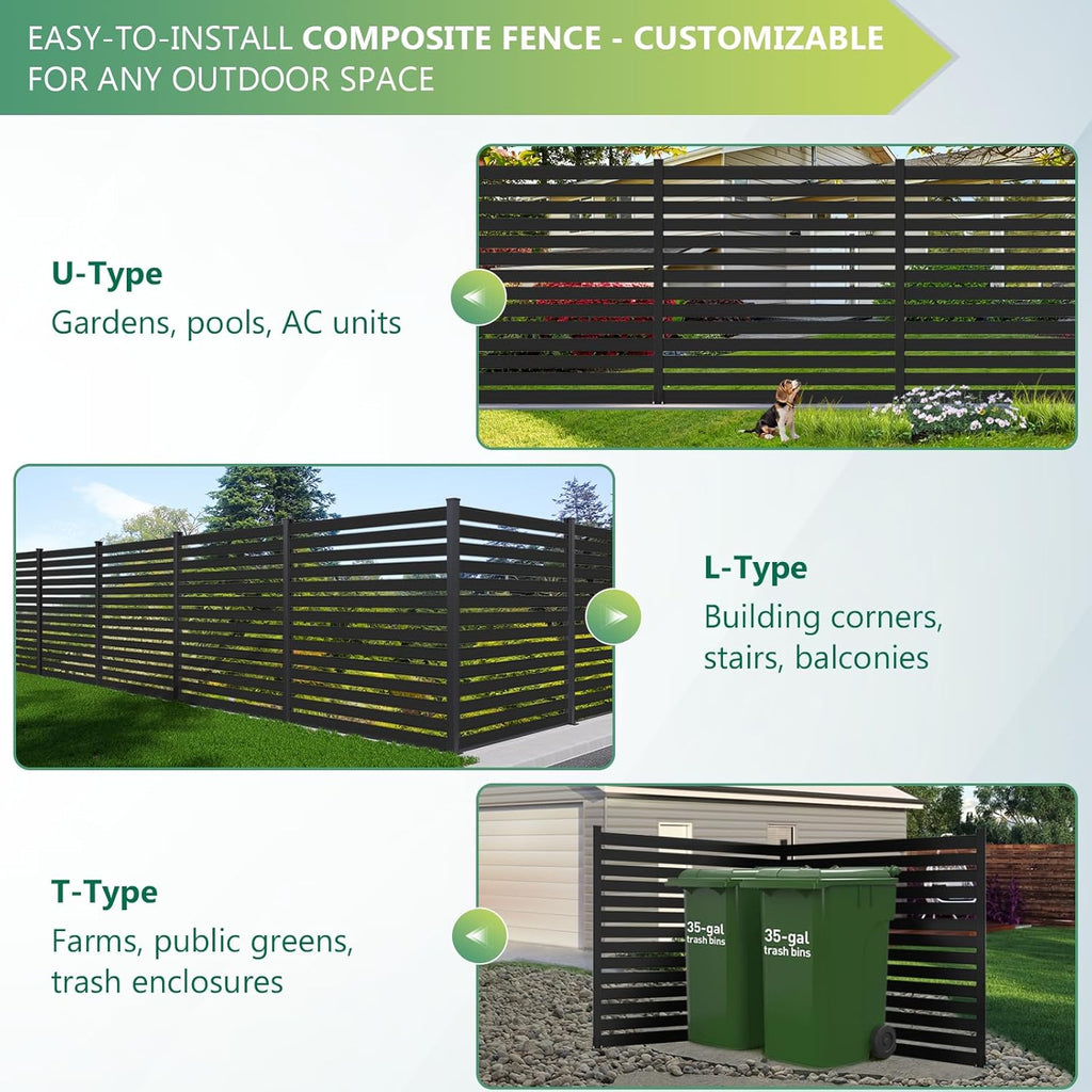 Aluminum Privacy Fence Panels for Outside, 6ft x 6ft Horizontal Metal Fencing with 1 No-Dig Post, Rustproof & Wind