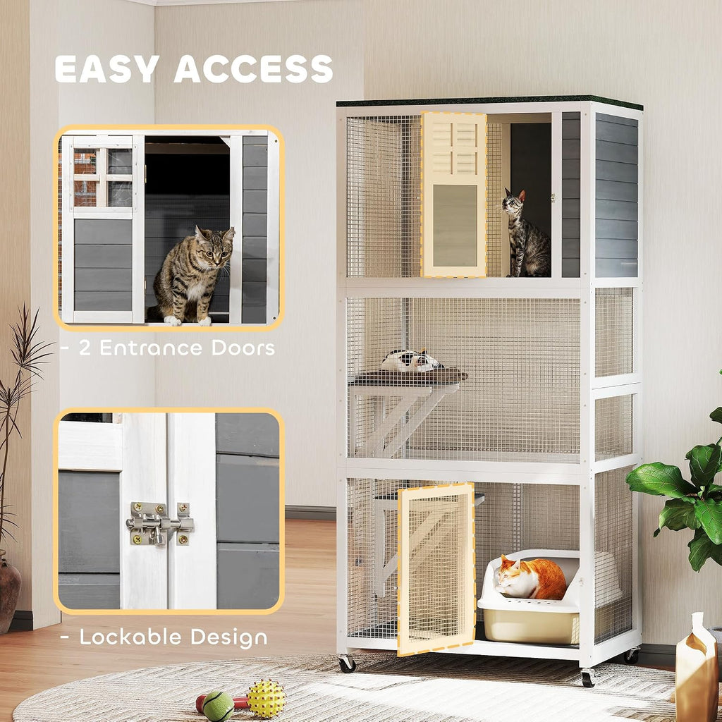 74" Wooden Catio Outdoor Cat Enclosure Weatherproof & Wheeled, Outside Cat House with High Weight Capacity, Kitten