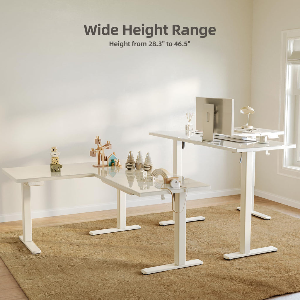 L Shaped Glass Standing Desk with Drawers, 63x55 Inch, White