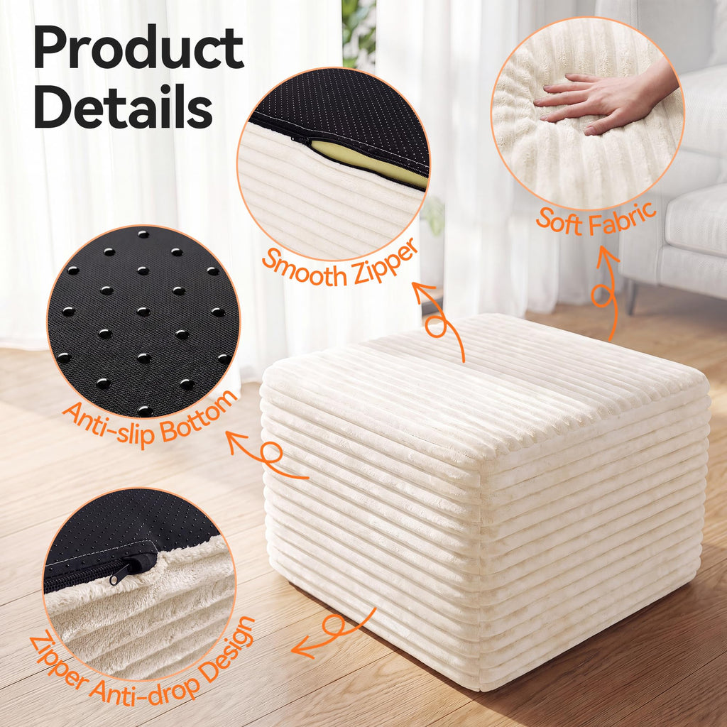 23in Square Pouf Ottoman, Large Corduroy Ottoman Foot Rest with Solid High-Density Foam, Removable Washable Cover