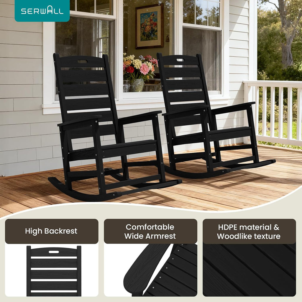 Outdoor Rocking Chair Set of 2, Oversized HDPE Rocker, Black | Heavy Duty Front Porch Rocker with Footrest, all