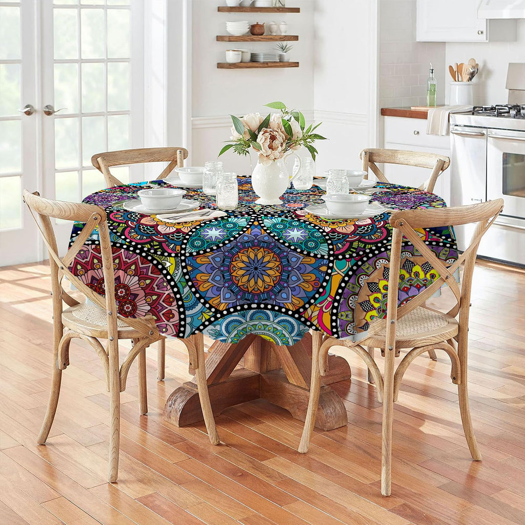 Boho Round Tablecloth, 70inch Bohemia Stain-Resistant Table Cover
