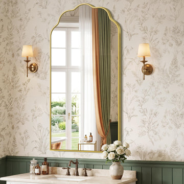 Large Gold Arched Mirror, 24×48Inch Scalloped Mirror, Wavy Wall Mounted Vanity Mirror with Aluminum Alloy Frame