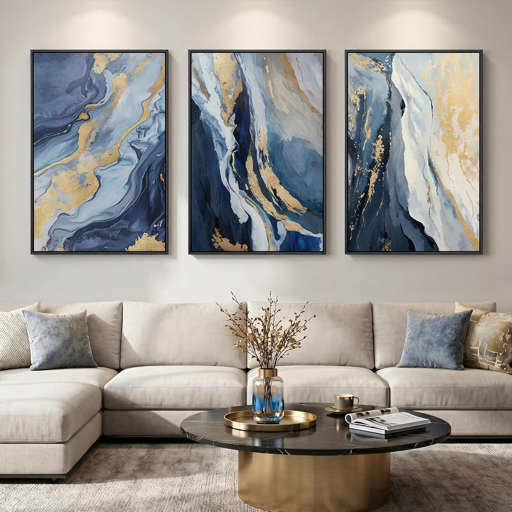 Large Framed Blue and Gold Abstract Wall Art , 3 Piece Modern Canvas Prints Paintings Artwork for Walls, Luxury