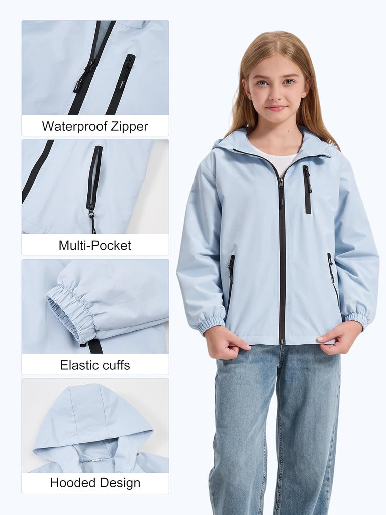 Girls Rain Jacket Fleece Lined Kids Raincoat Waterproof Hooded