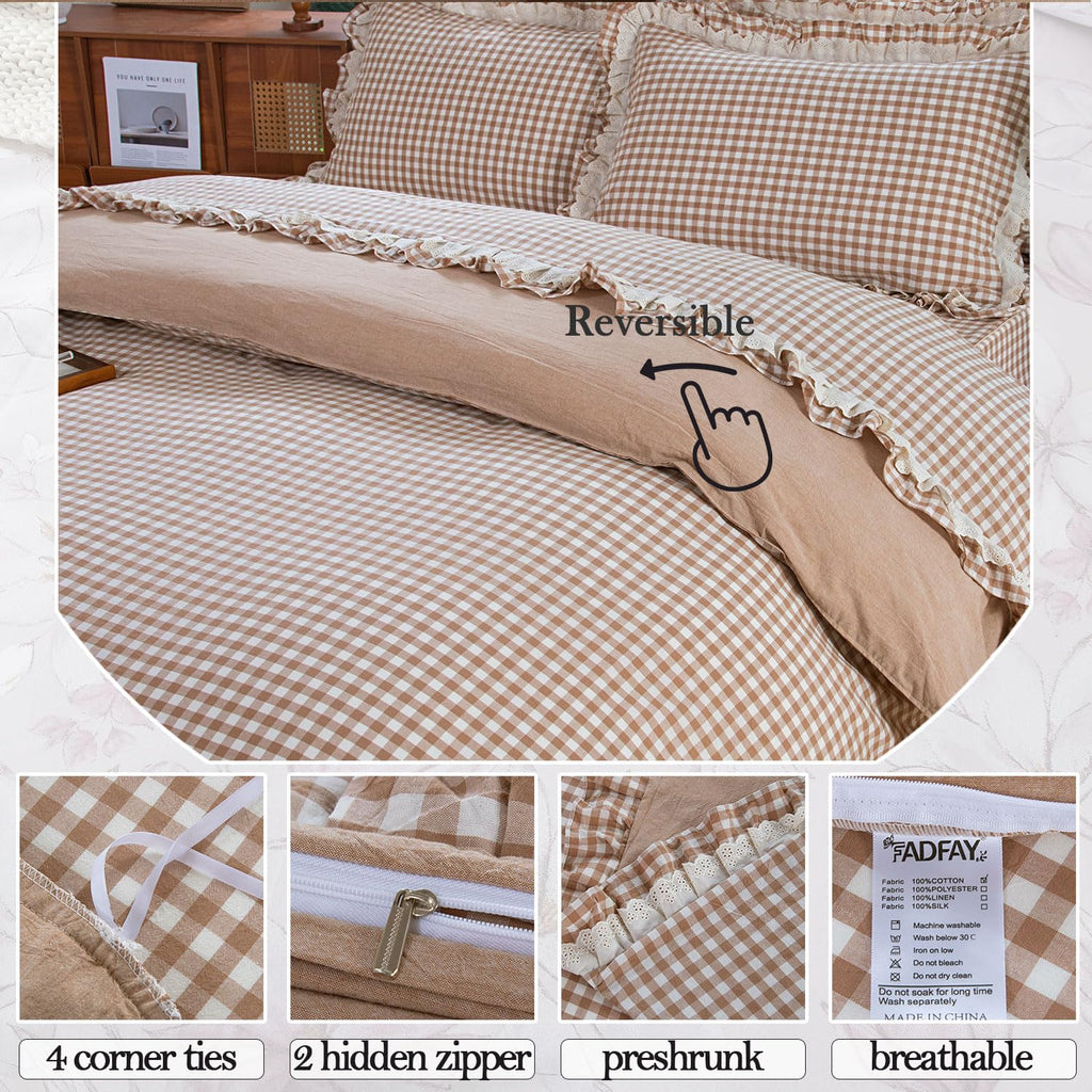 100% Washed Cotton Taupe Gingham Ruffle Duvet Cover Set
