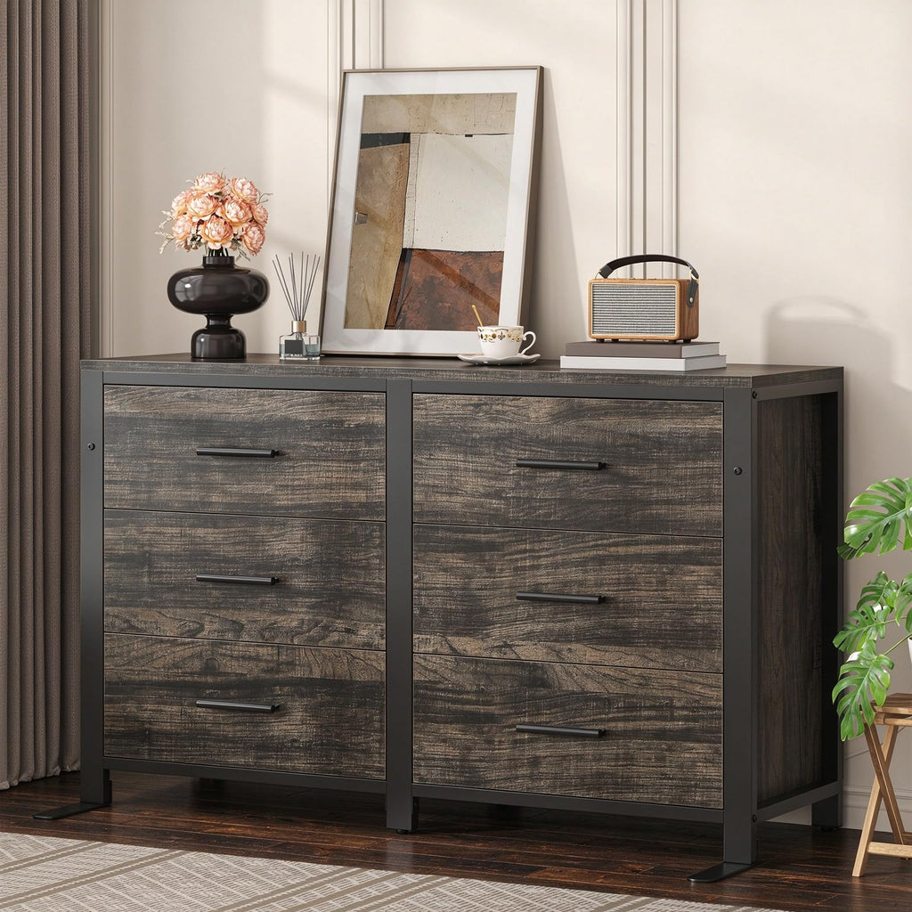 Dark Rustic, Wide Wood Dressers Furniture with 6 Wooden Drawer and Metal Frame, TV Stand with Deep Drawer (Dark