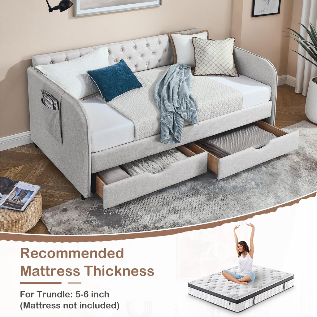 80.5" Daybed with Drawer, Modern Button Tufted Linen Day Bed with Trundle Bed Twin to King, Upholstered Daybed Frame