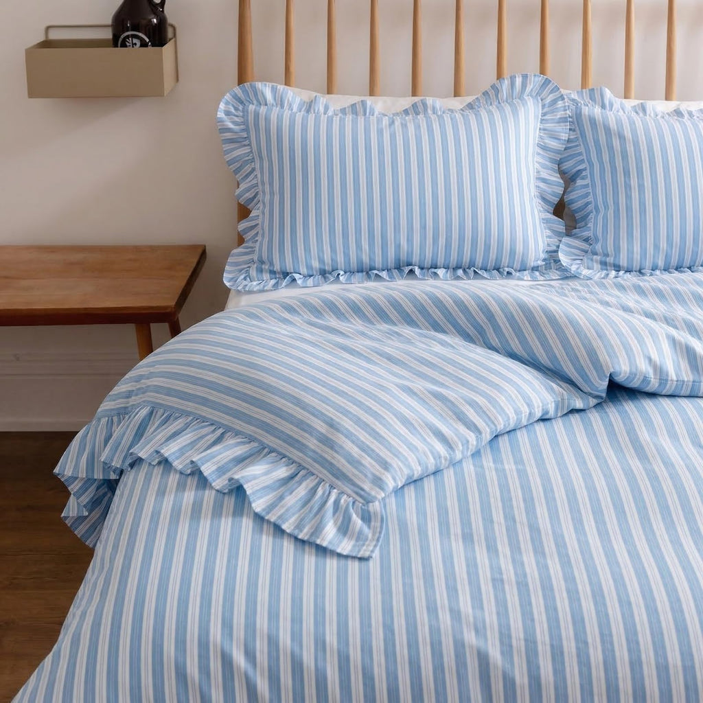 Blue and White Striped Comforter Set, 100% Cotton, Ruffle Trim Comforter Set, Soft Lightweight Breathable