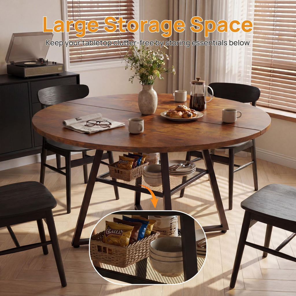 47" Round Dining Table for 4-6, Farmhouse Kitchen Table with Storage Shelf, Wood Circle Table with Pedestal Metal