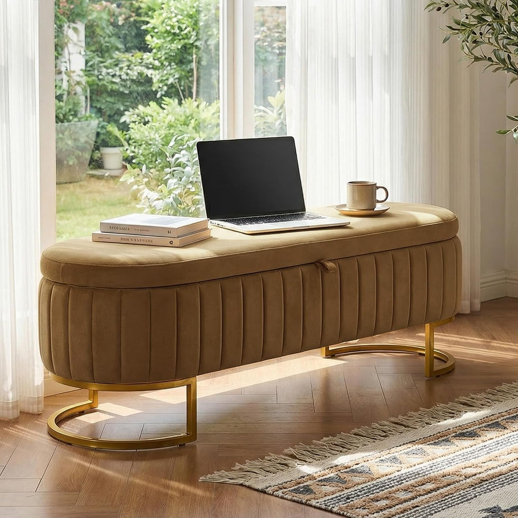 65" Velvet Storage Ottoman Bench End of Bed Entryway Coffee | Velvet Large Storage Solid Wood with Metal Leg 300 lbs