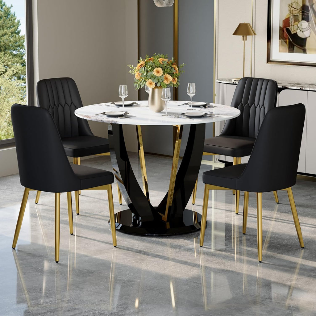 42" Round Dining Table for 4-6, Modern Faux Marble Kitchen Tabletop with Black Wood Pedestal and Gold Metal Frame