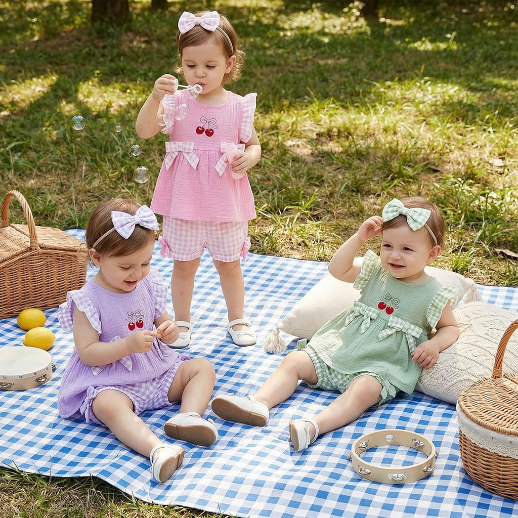 Toddler Baby Girl Outfits Plaid Flying Sleeve Ruffle Tops Shorts Sets and Headband Infant Baby Girl Summer Clothes
