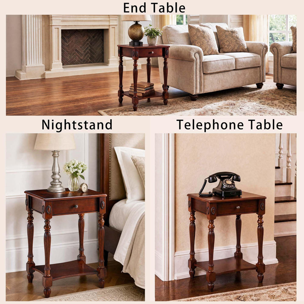 Solid Wood Side Table with Drawer, Victorian Style Vintage Nightstand, Antique Cherry Wood End Tables Living Room