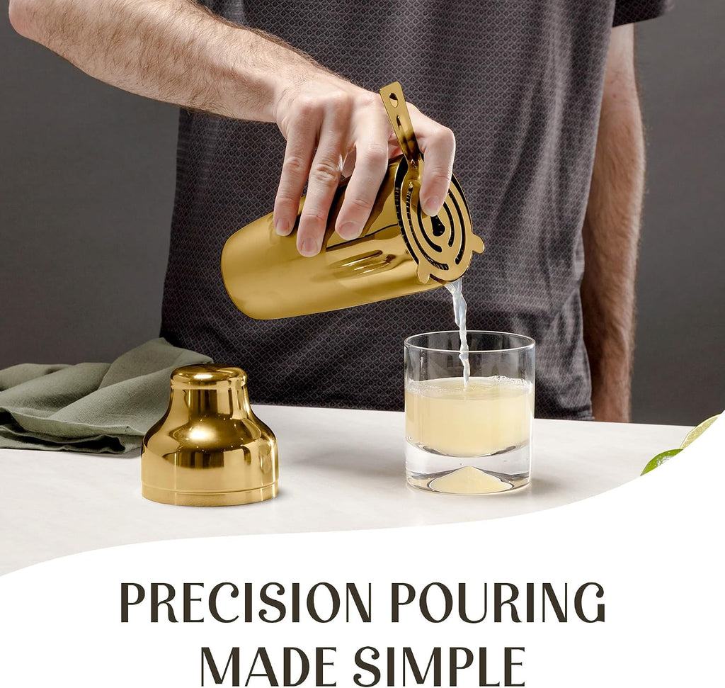 Cocktail Shaker Set - Bartender Kit with Pine Stand | Leak-Proof Design | Includes Martini Shaker, Jigger, Strainer - Set of 8