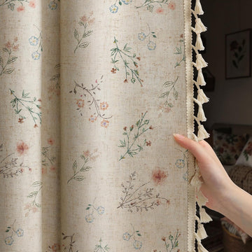 Boho Floral 100% Blackout Curtains for Bedroom 84 Inch Length 2 Panels Set, Linen Texture Farmhouse Curtains Beige