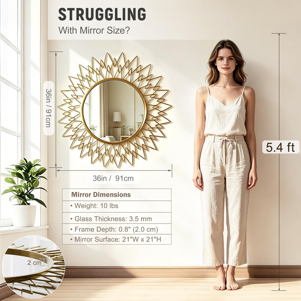 Sunburst Round Mirror for Wall Modern Gold Frame Glam Home Decor 36"