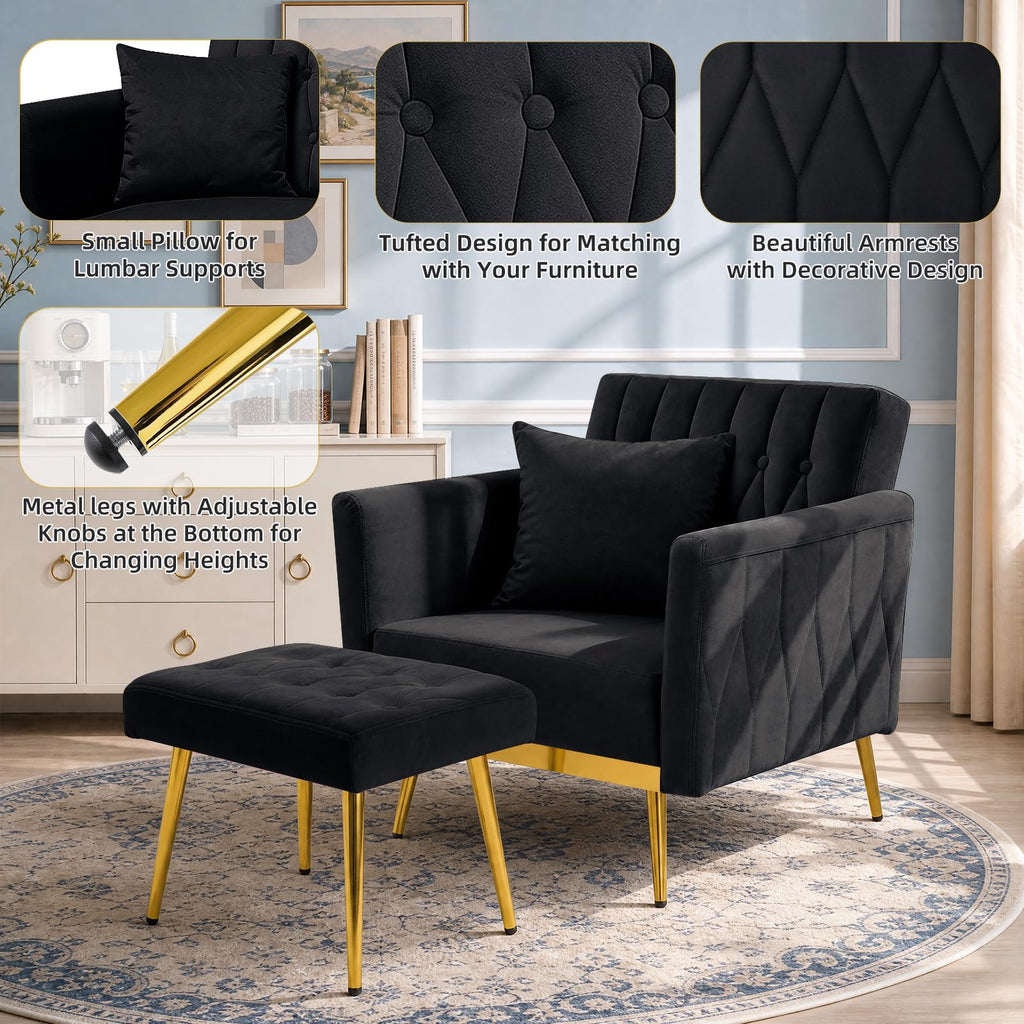 Velvet Accent Chair w/Ottoman & Adjustable Backrest, Black
