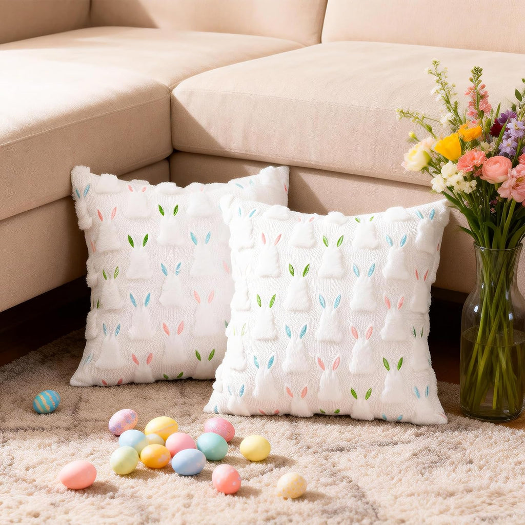 18" x 18" Pillow Covers, Easter Decorations Cute Soft Plush Bunny Throw Pillow, Spring Farmhouse Decorations - Set of 2