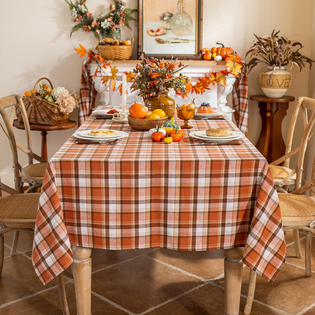 55x70 Inch Thanksgiving Tablecloth - Rust Tartan Rectangle Table Cover, Washable Fall Decor for Holiday Parties