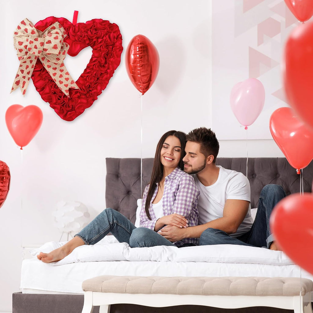 17.3'' Heart Wreath Red Burlap Heart Shaped Ornaments with Heart Pattern Bows for Front Door Wedding Party Decorations