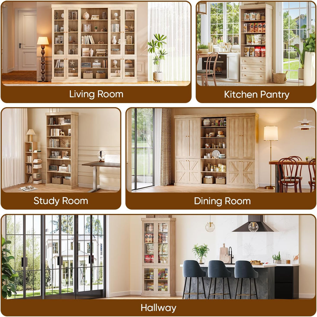 70.8" Tall Brown Bookshelf with Glass Doors, Farmhouse Modular Bookcase with 6-Tier Adjustable Shelves, Large Storage