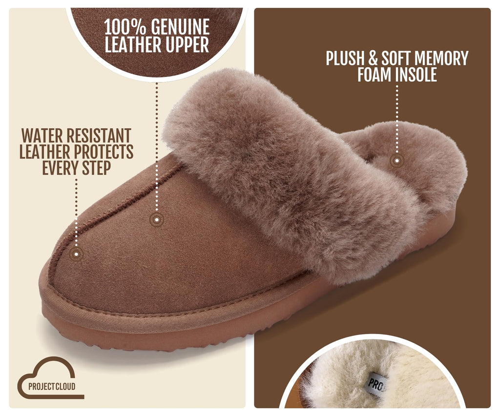 100% Genuine Leather Natural Fur-Lined Womens Clog Slippers