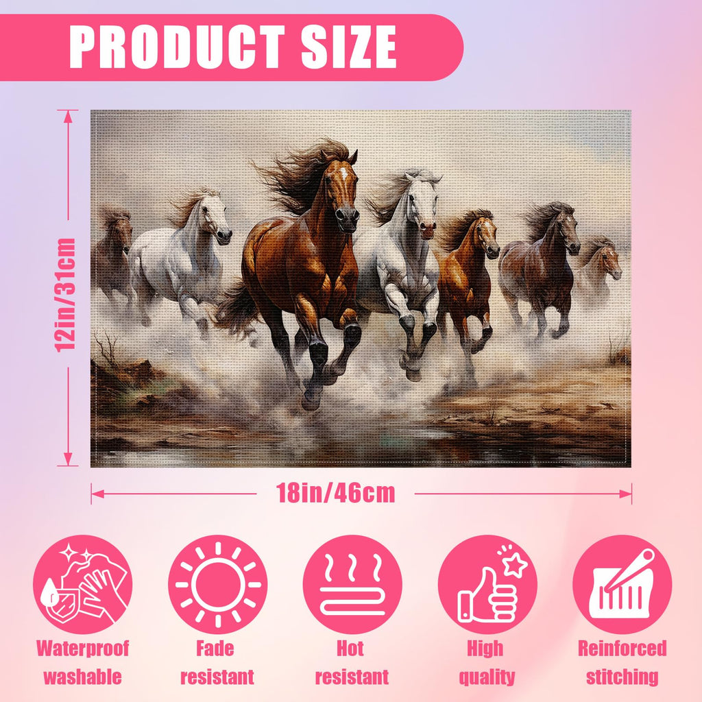 Running Horse Placemats Set of 6,12x18 Inch Linen Place Mat Washable Stain Resistant Table Mats for Spring Summer