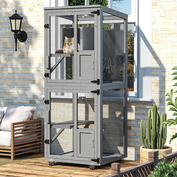 4 Tiers Catio Outdoor Cat Enclosure, Indoor Cat House with 4 Wheels, Grey
