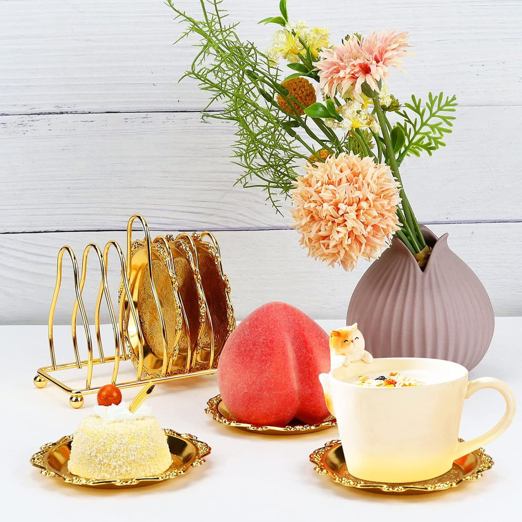 Round Decorative Drink Coasters, Gold Coaster Set with Holder Stand - Set of 6