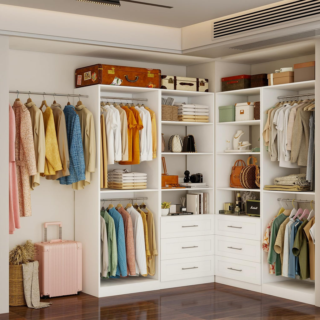 Closet System of 2 Sets with 3 Drawers & 4 Shelves & 4 Hanging Rods, 4FT-10FT Closet Organizer System, Walk in