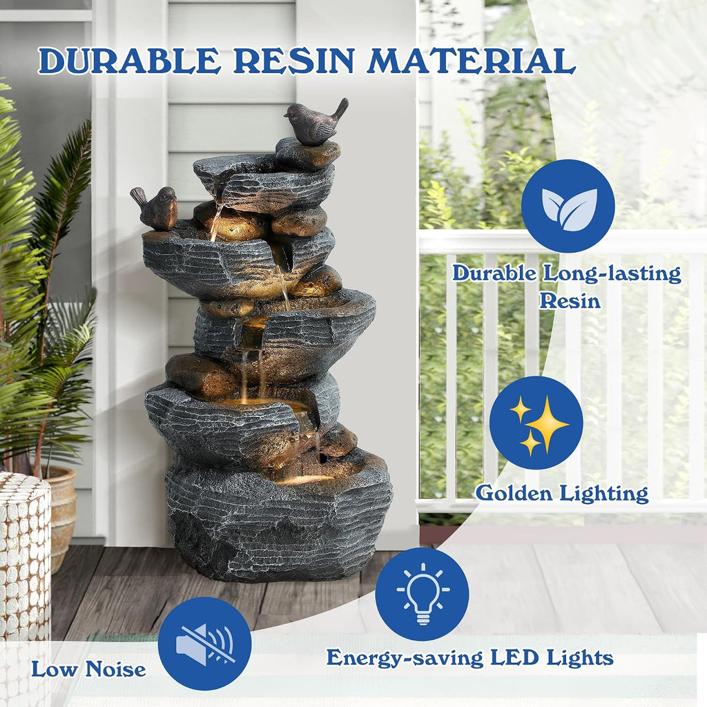 5-Tiers Cascading Rock Water Fountain Outdoor, Waterfalls Fountains | Garden Freestanding Resin Water Feature