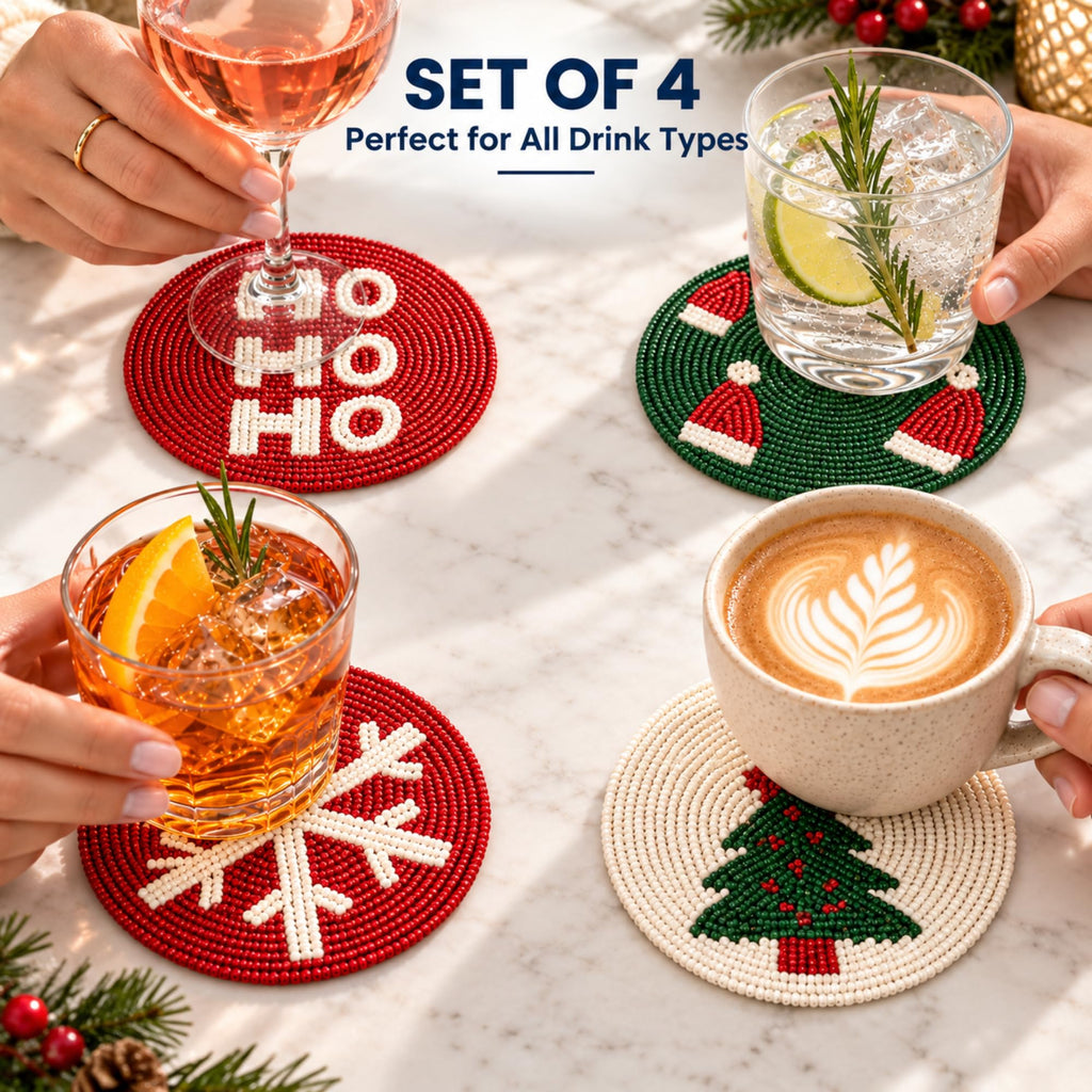 Christmas Coasters Set of 4 Beaded Coasters with Christmas Theme