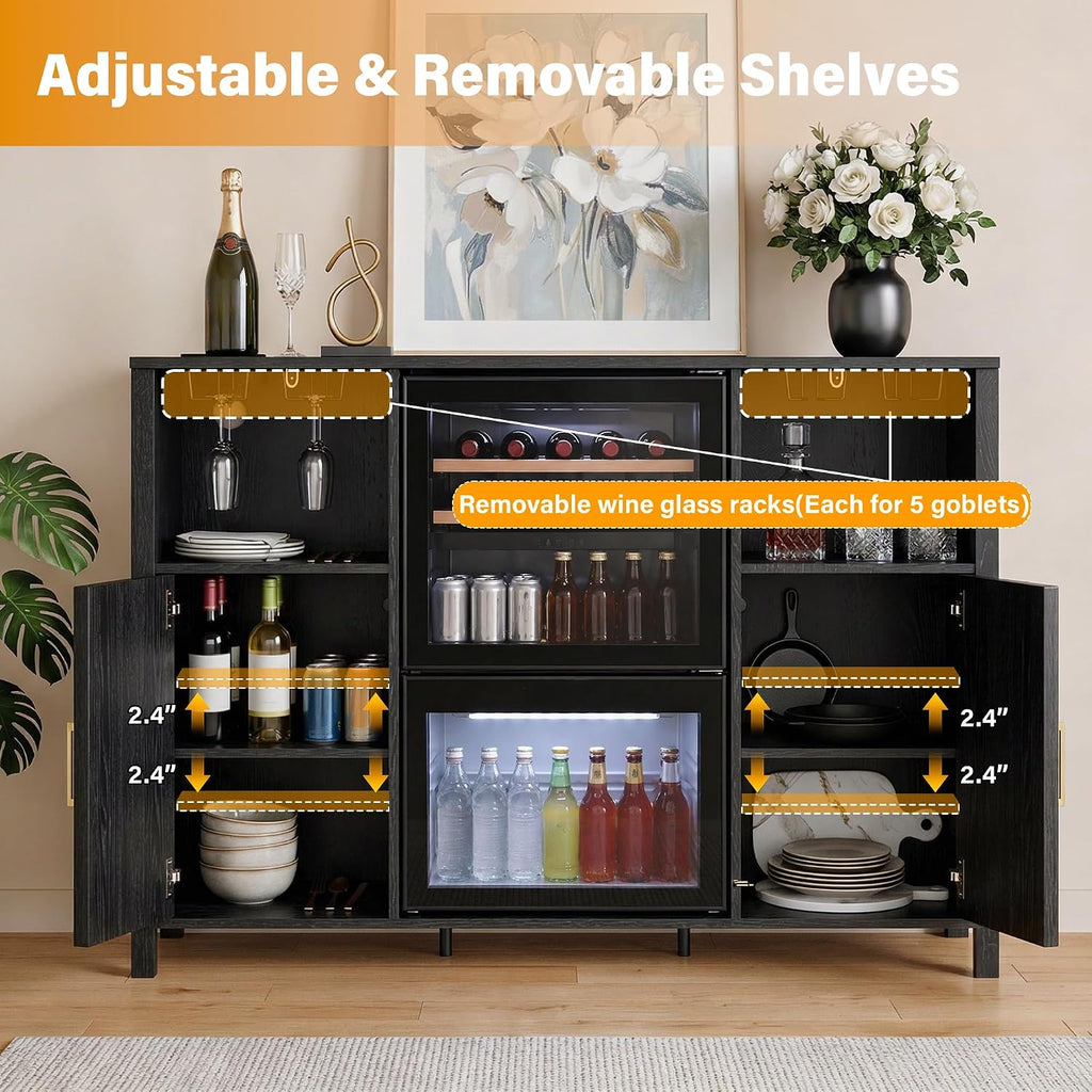 53" Fluted Coffee Bar Cabinet with Power Outlet, Mini Fridge Space and Wine Glass Racks, Black