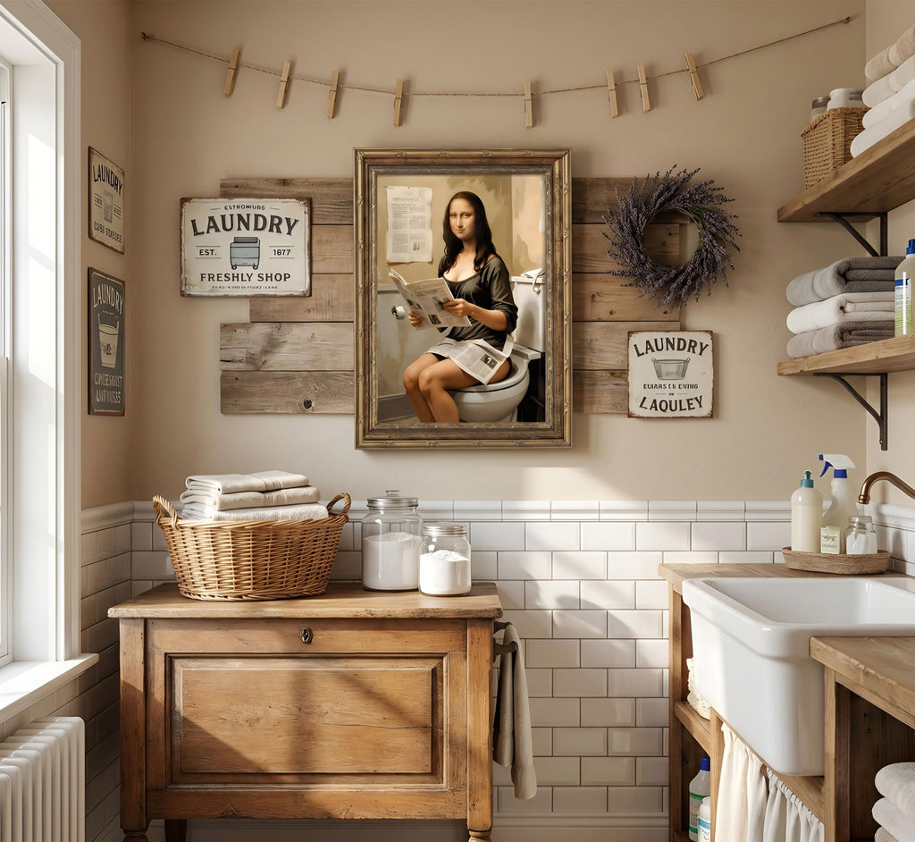 Vintage Gold Framed Funny Bathroom Mona Lisa Canvas Wall Art 12x16in