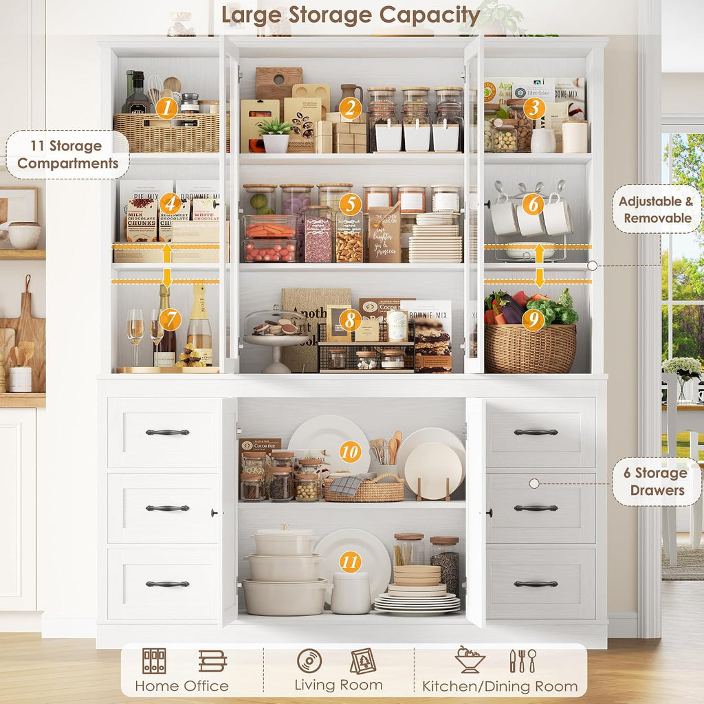 74.4''Hx63''W Large Pantry Cabinet,Kitchen Hutch Cabinet with Storage | Large White Bookcase with 6 Storage Drawers