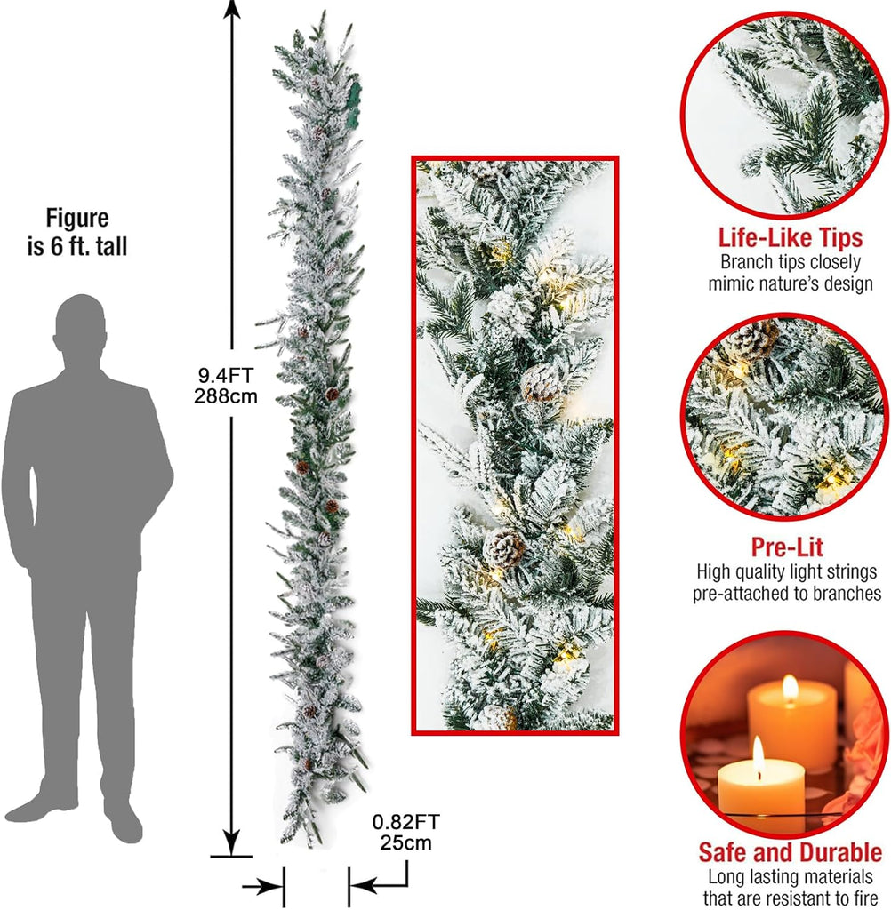9FT Real Touch Christmas Artificial Garland - Norfolk Pine Flocked Garland with 50 Warm White LED Lights Fireplace