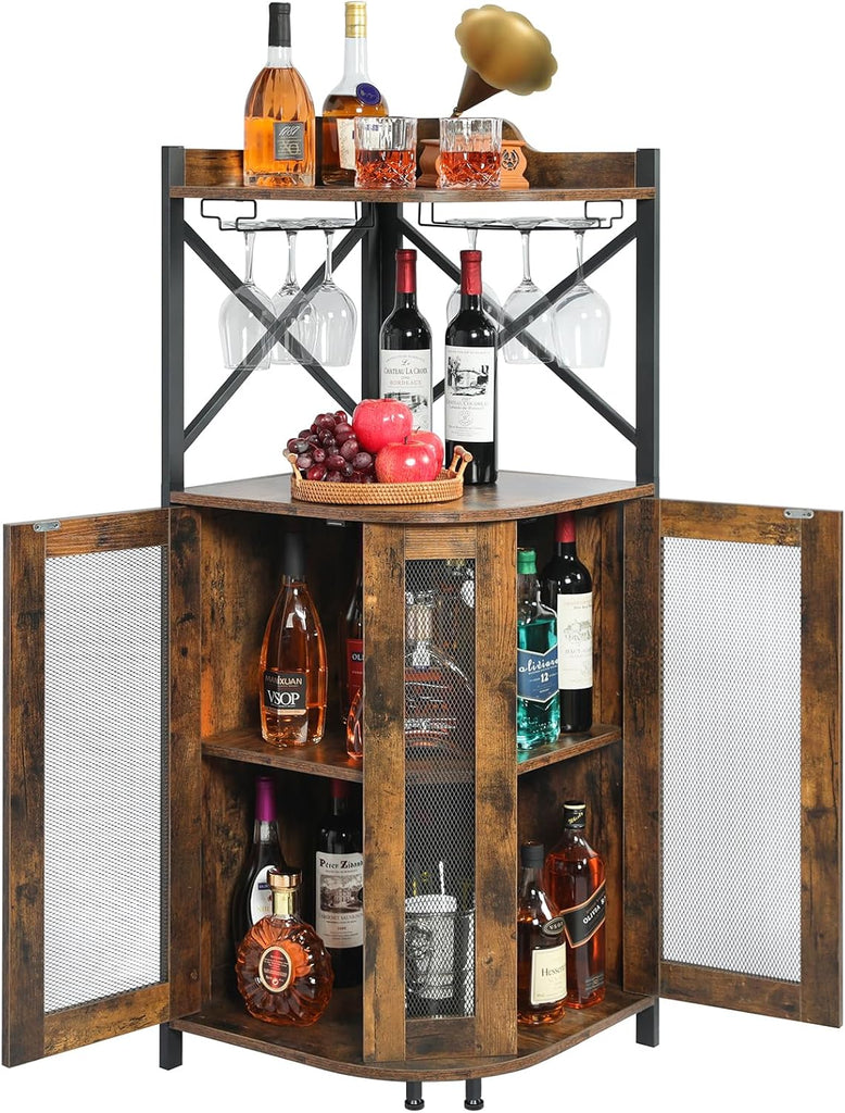 Corner Bar Cabinet with LED Lights,Industrial Wine Cabinet with Glass Holder,4-Tier Wine Cabinet with Door and
