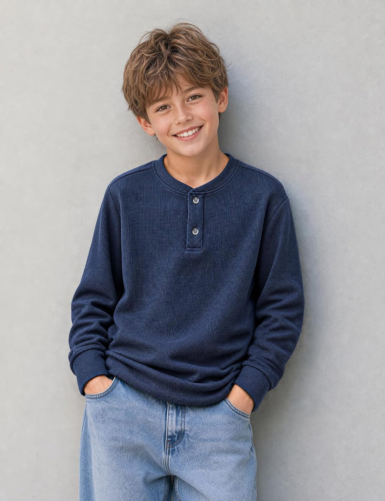 Boys Henley Long Sleeve Shirts Waffle Knit Thermal Casual Tops