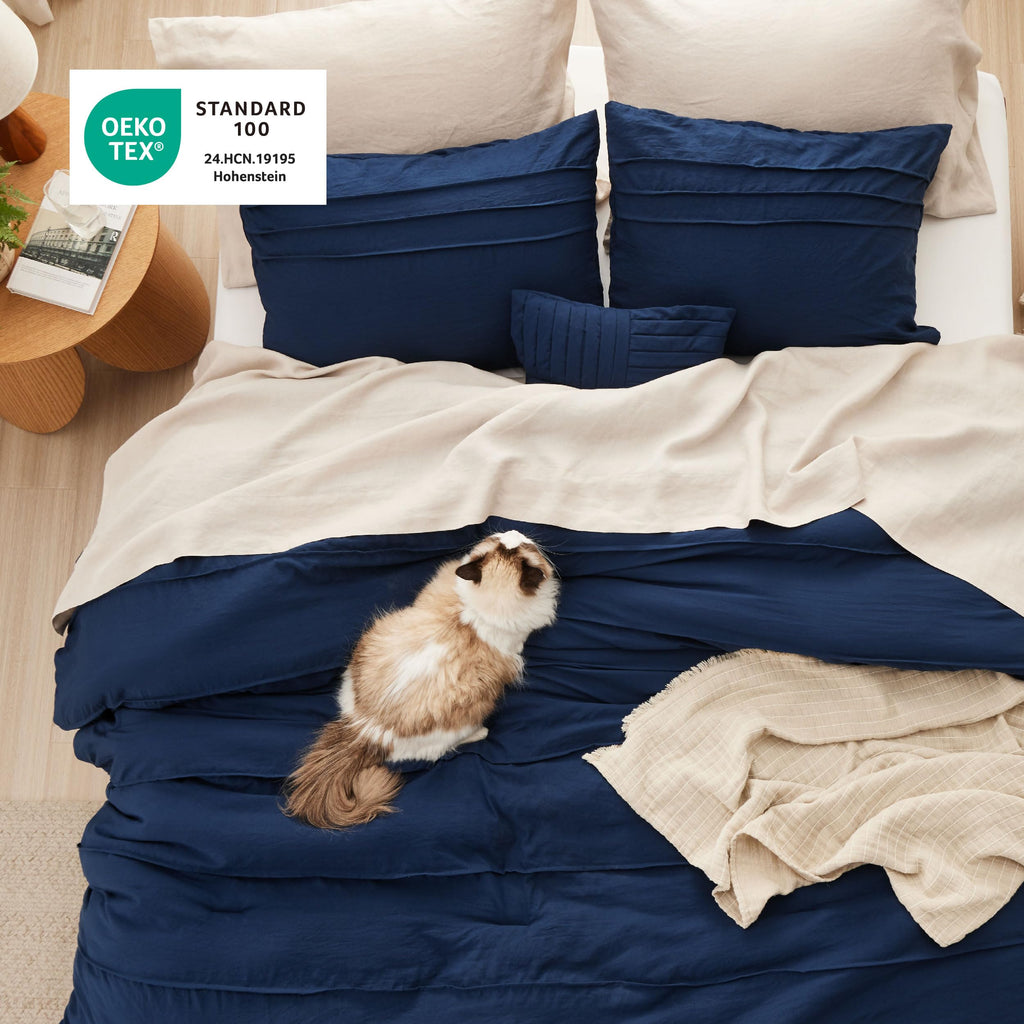 Comforter Set 4 Piece, Navy Boho, Pinch Pleat, All-Season