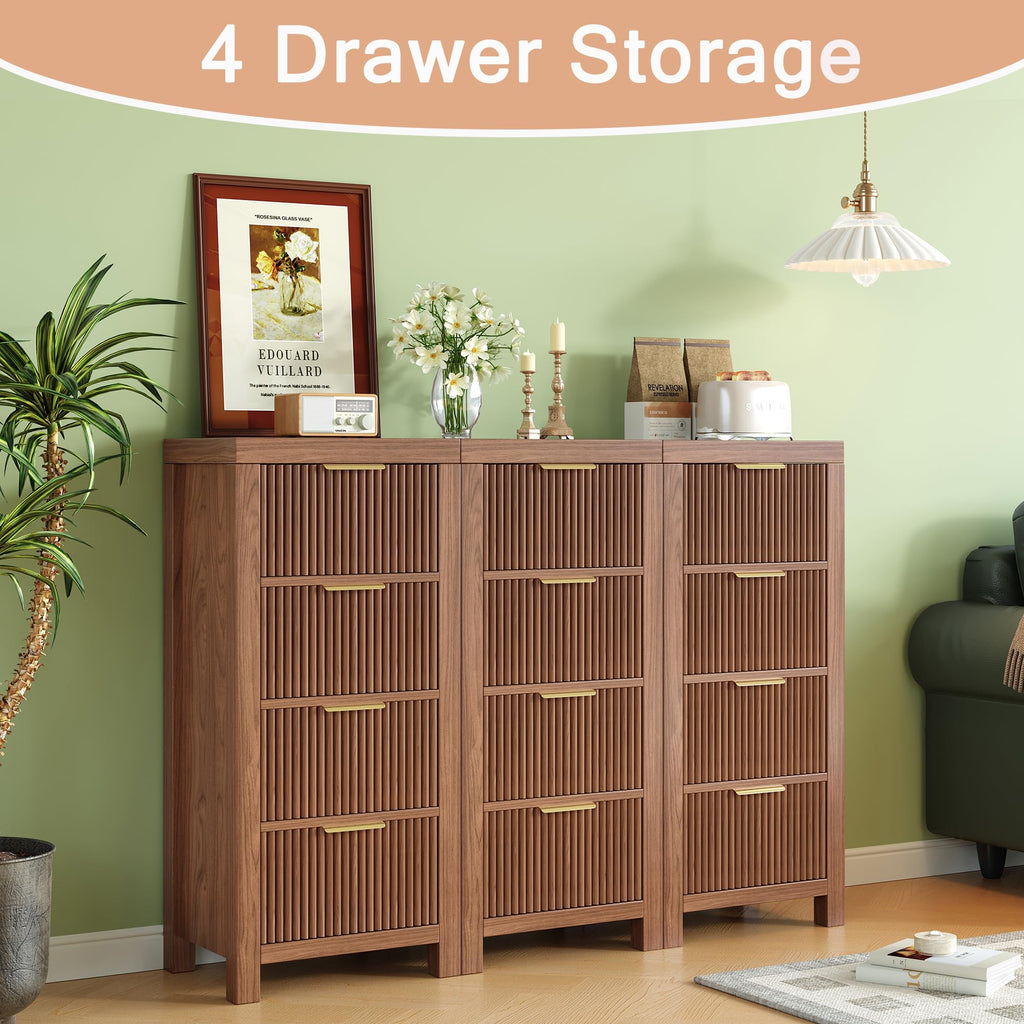 Mid-Century Fluted 8 Drawers, Modern Wooden Tall with Smooth Metal Handles, Storage Chest Clothes Organizer, Walnut