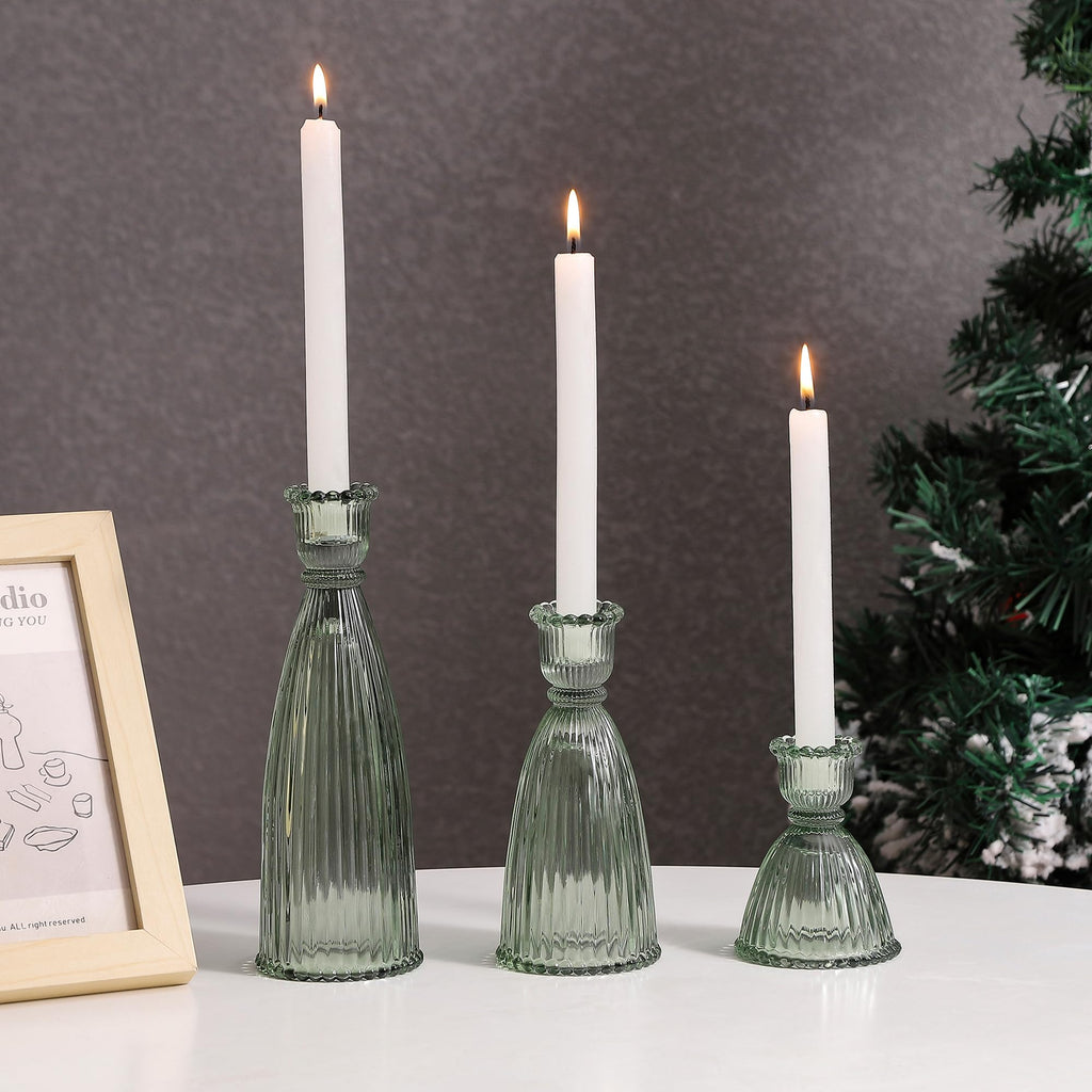 Vertical Stripe Candlestick Holders Set of 3, Premium Glass Candle Holders for Candlesticks and Taper Candles